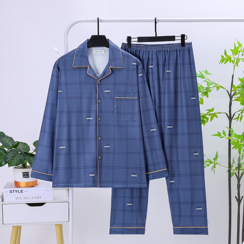 Men's Pajamas, Pure Cotton, Lapel Cardigan, Plus Size, Long-Sleeved, Long Pants, Plaid Loungewear Set, Casual