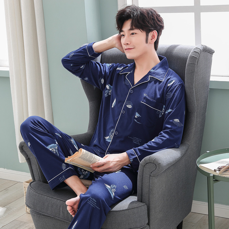 Mens đồ ngủ dài tay áo bông cotton cardigan bộ pajama mỏng bông trung niên bông trẻ nhà quần áo.