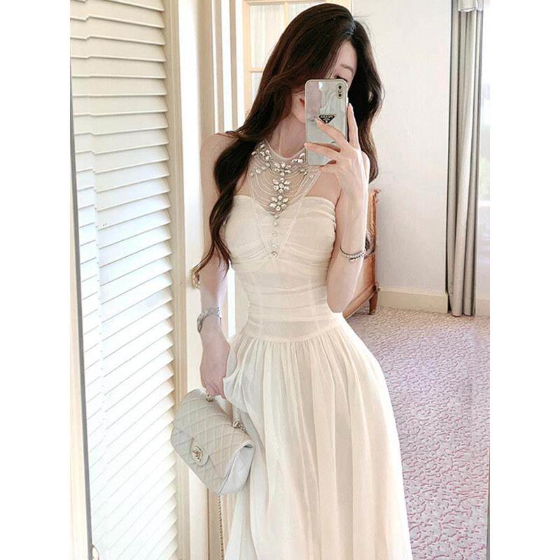 Birthday Party Dress with a High-End Feel, French-Style White Halter Neck Evening Gown, Holiday Long Dress with Intricate Beading and Rhinestone Embellishments