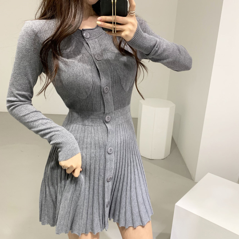 Korean Chic Retro Trendy Fashionable Slim-Fit Versatile Knit Base Dress Pleated Mini Skirt