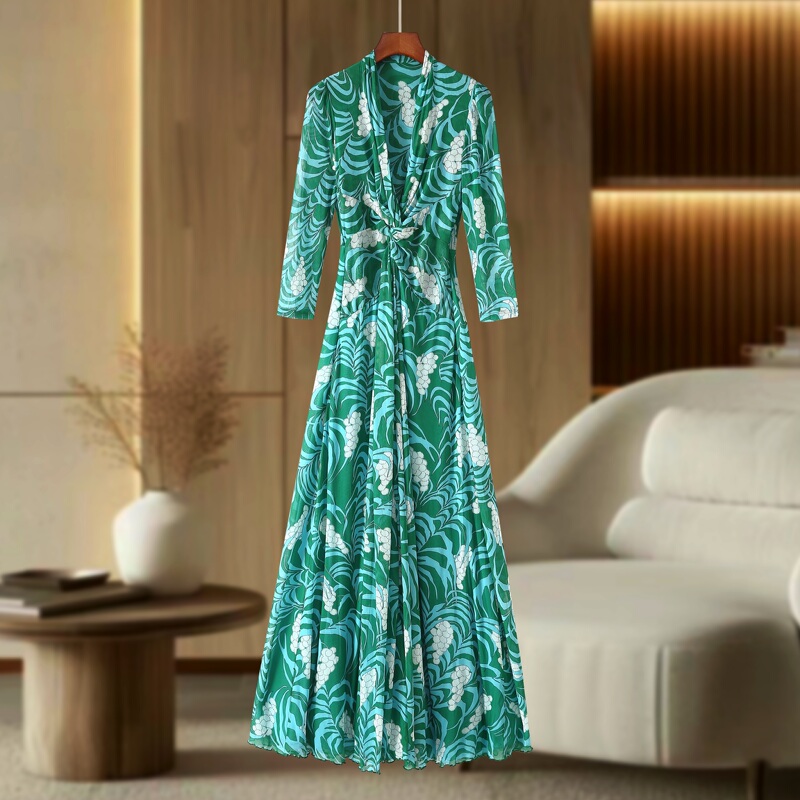 2026 Early Autumn New Turquoise Wisteria Flower Print/Floral Print Stretch Mesh Dress F3815 2026 Early Autumn New Turquoise Wisteria Flower Print/Floral Print Stretch Mesh Dress F3815