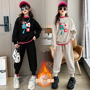 Girls autumn and winter suits 2022 new fleece sweater girls big children's clothing fashionable foreign sportswear children's winter clothing