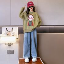 Girl Spring Autumn Suit 2024 New Children Ocean Gas Denim Turncoat Korea Version Autumn Clothing Broadlegged Pants Two Sets