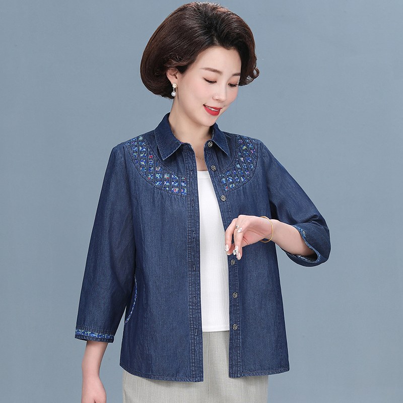 Spring Clothing for the Elderly, Three-Quarter Sleeve Shirts, Grandma Style Spring and Summer Denim Tops, 70-Year-Old Middle-Aged and Elderly Mother's Shirts