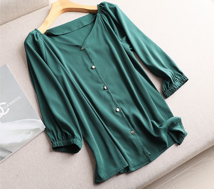 Khí chất tao nhã đến tận xương tủy! Trắng xanh đậm nhỏ tay áo phồng tay áo sơ mi voan hình trái tim áo sơ mi cổ chữ V áo sơ mi phụ nữ - Áo sơ mi chiffon ren
