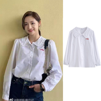 Zhou Jieqiong star with the same 2021 spring and summer new retro Korean version ruffle doll collar white shirt top woman