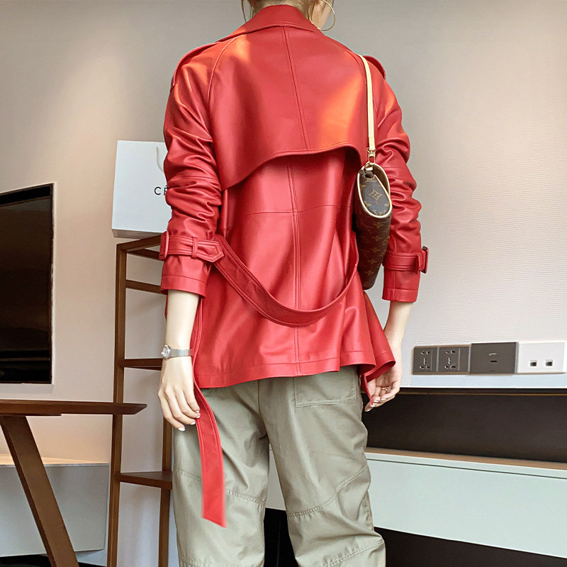 JU FUR designer new sheepskin fur coat women's midi trench coat lacer strap casual leather leather jacket