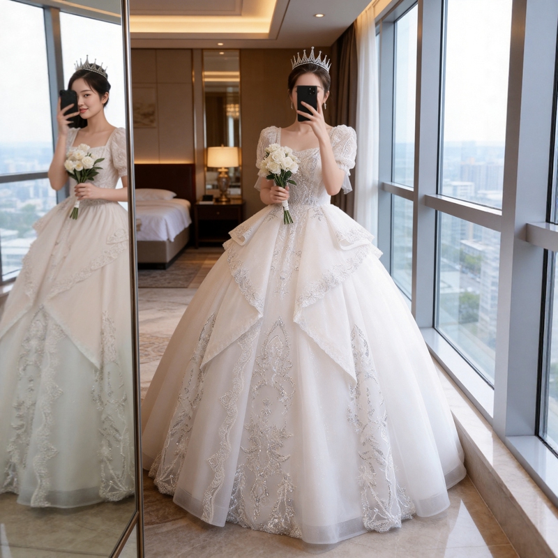 Alefou Plus Size Wedding Dress for Plus Size Women, High-End Light Wedding Dress, Sakura Wedding Dress, Beautiful Light Gown That Covers the Arms 100kg