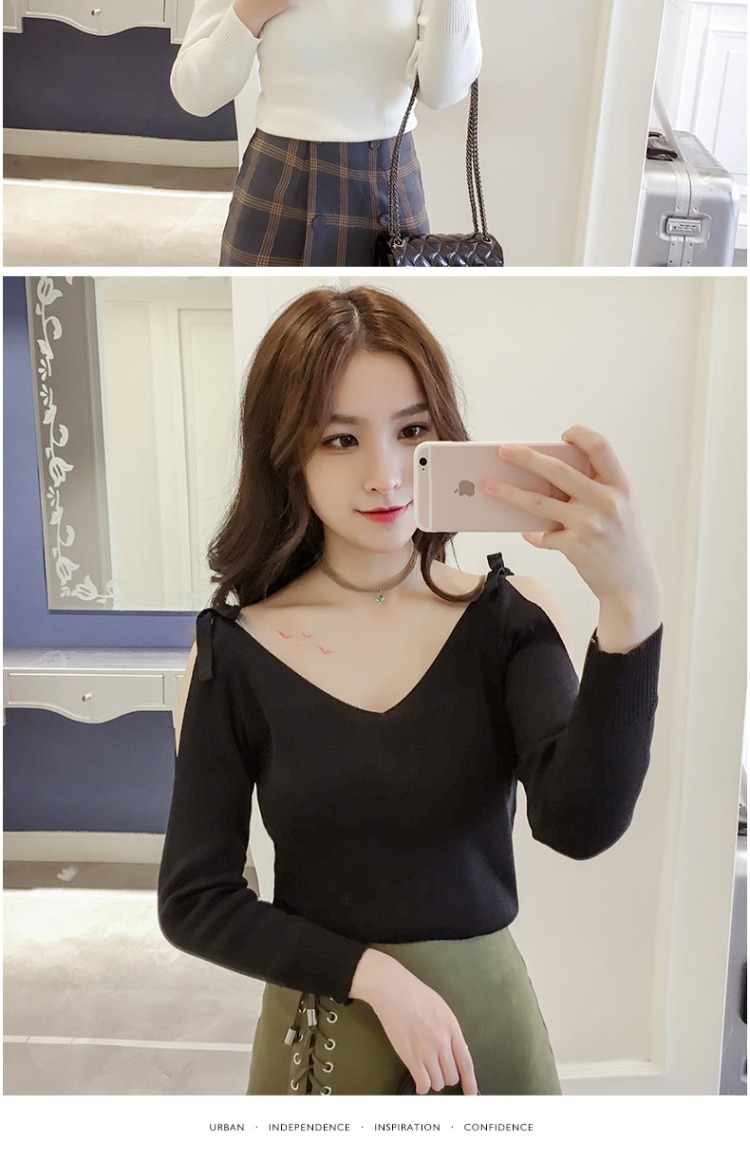 Áo len cổ chữ V lệch vai nữ áo len hở vai có áo len mỏng mùa xuân và mùa thu áo dài tay hoang dã áo khoác len nữ