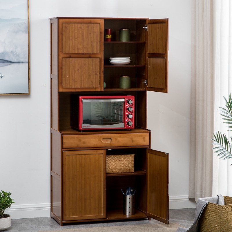 Household small cupboard put bowl solid wood sideboard simple cabinet kitchen microwave oven rack bamboo vegetable cabinet economical