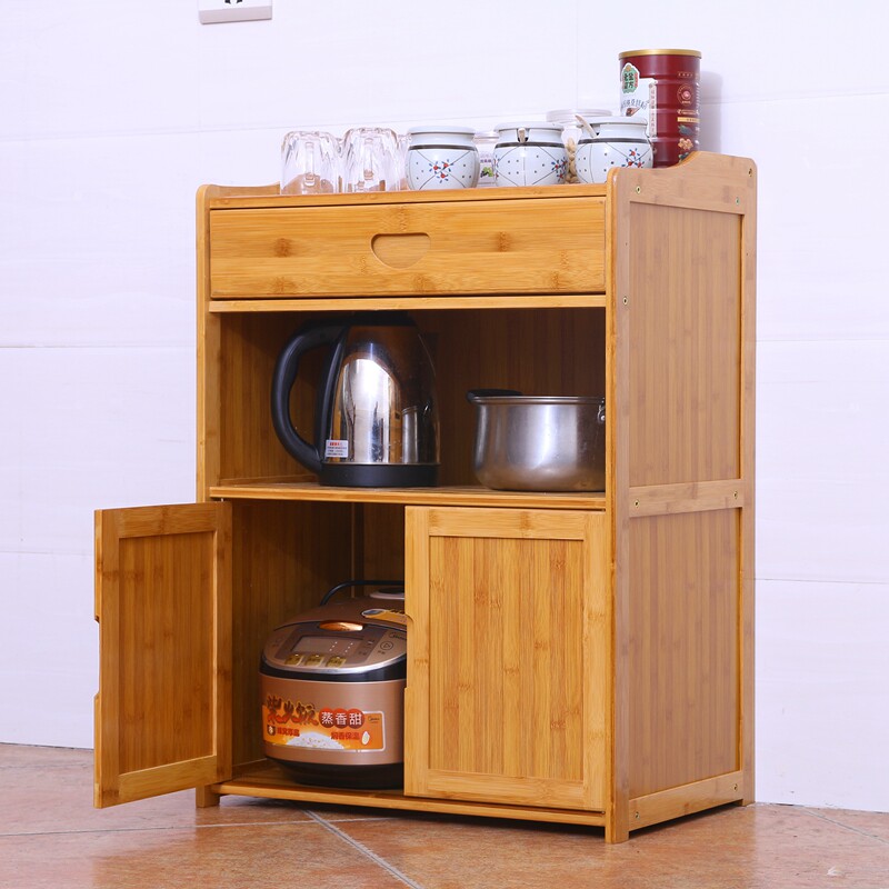 Kitchen microwave rack simple cupboard cupboard tea cabinet solid wood bamboo small cabinet storage cabinet with door home dining cabinet