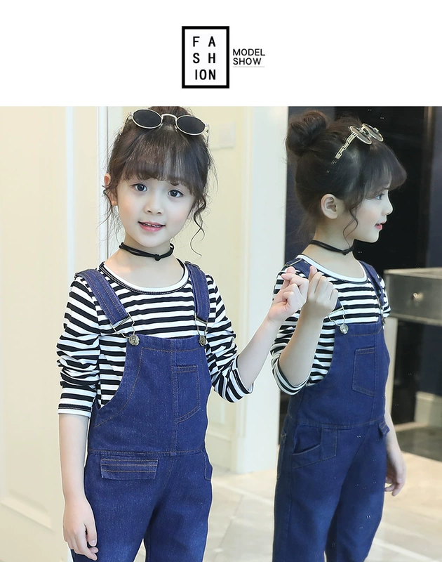 Cô gái denim bib 2018 xuân mới lớn trẻ em phiên bản Hàn Quốc của quần tây một mảnh Quần denim bé gái 12 tuổi