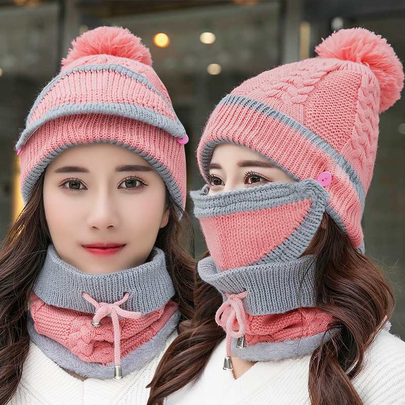 Winter warm thickened knitted hat windproof face cover hat women's scarf riding mask ear protection cap Korean three-piece set