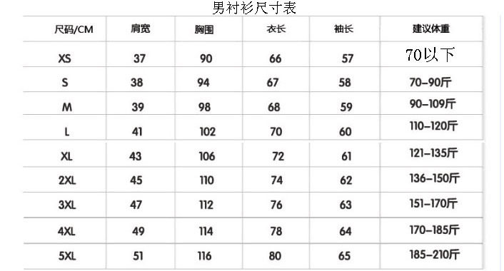 男襯衫尺寸表