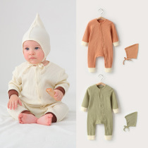 Spring autumn new baby one-piece clothes pure cotton long sleeve newborn clothes minimalist pure color khab baby climbing to the hat
