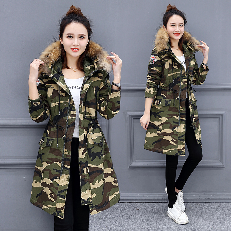 Trường trung học studentcamouflage chiếc váy của phụ nữ áo khoác mùa đông bông mới dày trùm đầu lớn len cổ áo áo bông quân đội