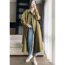 Pumen XUS green trench coat long women 2021 autumn temperament lace double breasted Hepburn coat
