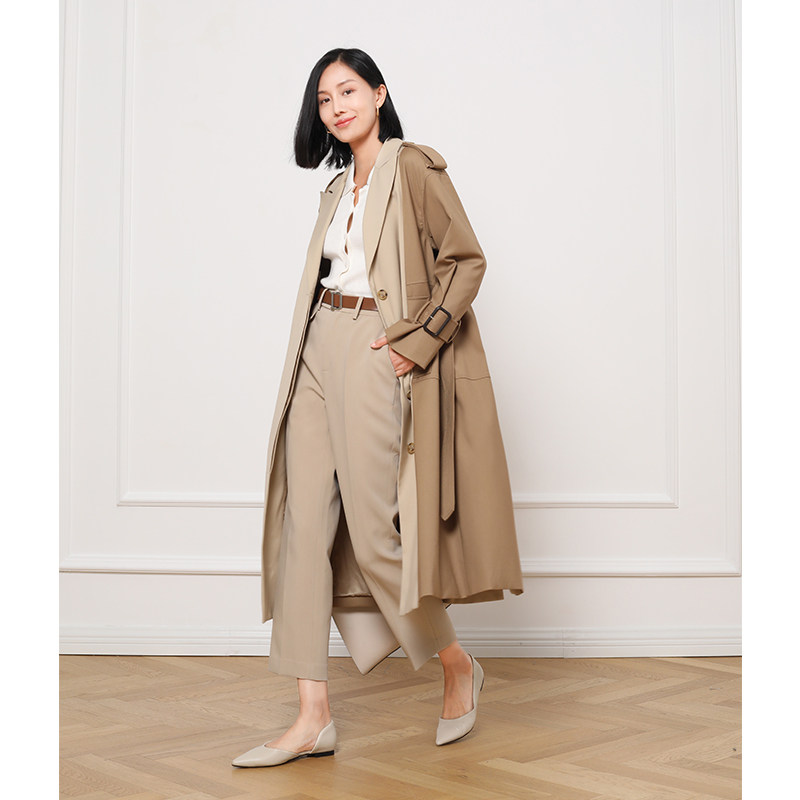 Pumen XUS retro single-breasted high-end windbreaker color contrast splicing tie design mid-length coat for women