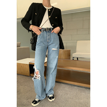 Pumen XUS fashionable hole high waist jeans women loose wide leg pants retro thin tall straight pants