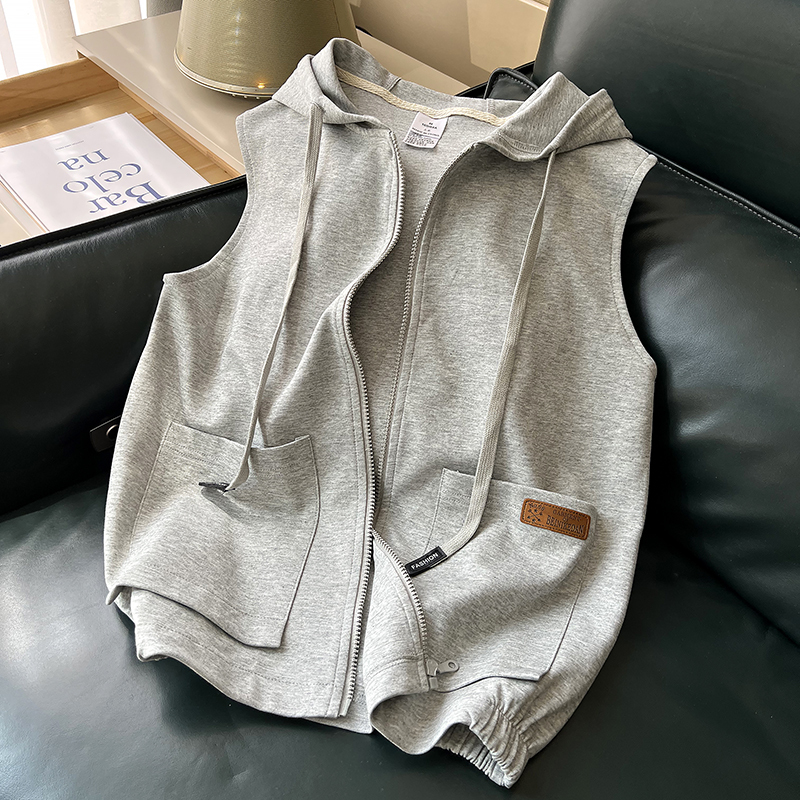 Women's Vest Spring and Autumn Style Sports Casual Solid Color Outerwear Vest Hooded Cardigan Sleeveless Sweatshirt Vest with Hood Jacket