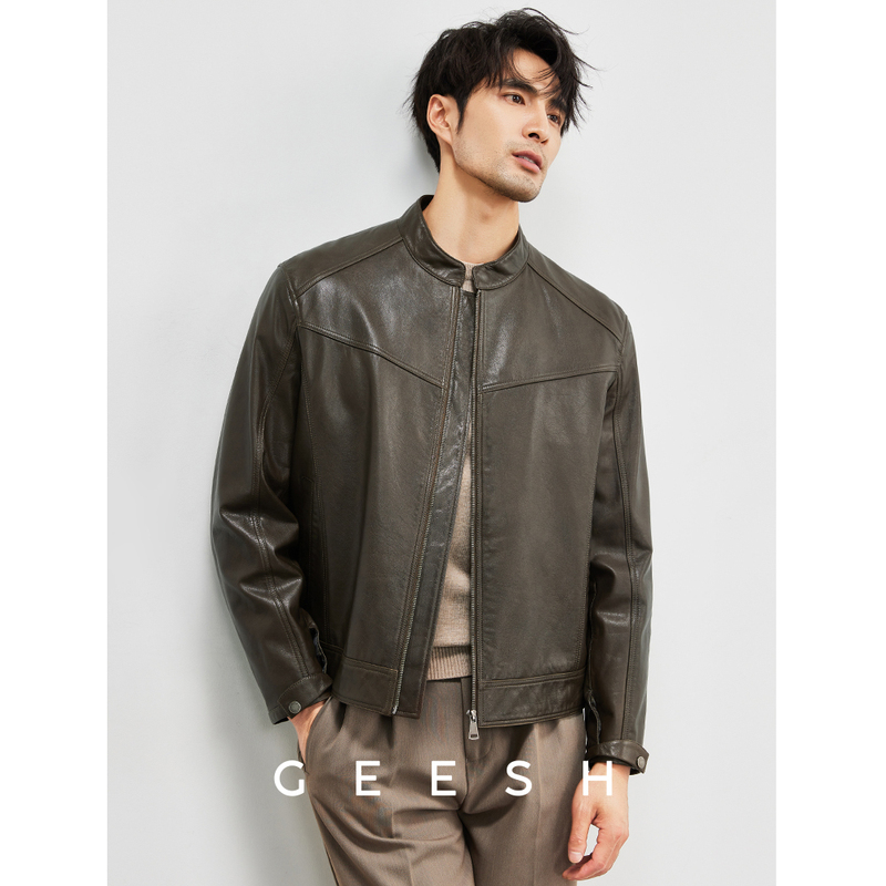 Men's Leather Jacket, Genuine First-Layer Cowhide, Stand-Up Collar, Oil-Waxed Leather, down Jacket, Motorcycle Leather Jacket, Men's Fleece-Lined Autumn and Winter Coat