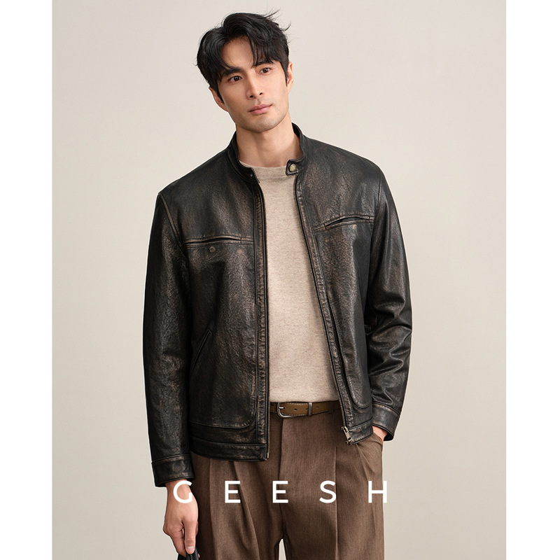 Hand-Rubbed Genuine Leather Jacket for Men, Sheepskin Stand Collar, 2026 New Vintage Motorcycle Leather Jacket for Autumn