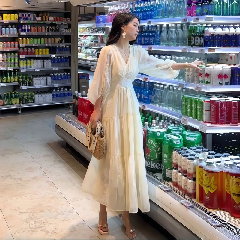 White French-Style Dress for Women, 2026 Summer New Korean Version, Casual Waist-Cinching A-Line Dress with Waist-Tie Embroidery and V-Neck Long Dress