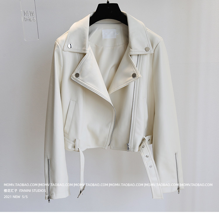 South Korean rice white small fur coat jacket woman short style 2022 spring autumn new locomotive clothes slim leather leather jacket tide