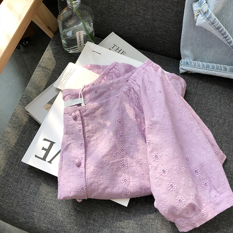 Korean blouse women's spring and autumn 2022 new retro hollow short-sleeved puff-sleeved slim short off-the-shoulder purple top