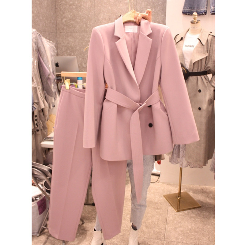 South Korea 2021 spring new fashion chic formal dress double-breasted belt suit jacket trousers two-piece suit women