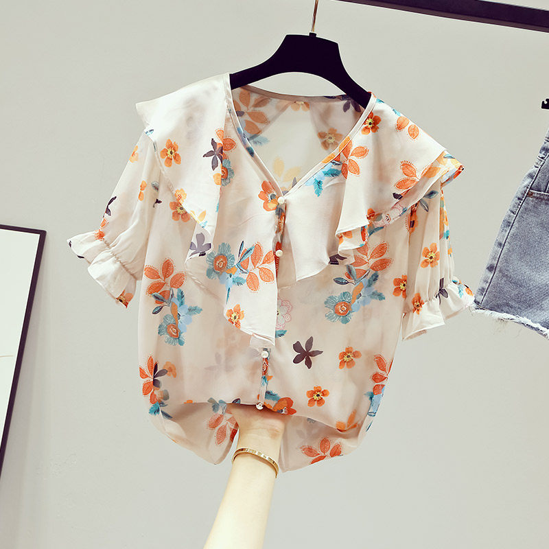 South Korea 2021 summer new chiffon shirt short-sleeved shirt women's floral fashion temperament Western style small shirt top