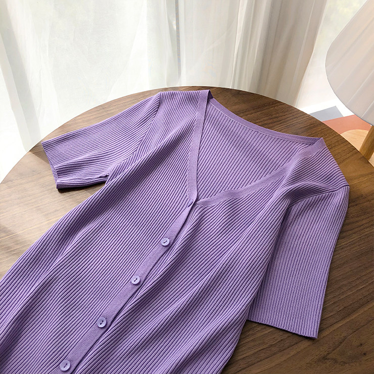 Korean ice silk v-neck knitted short-sleeved women's 2022 summer new loose T-shirt all-match thin purple top trend