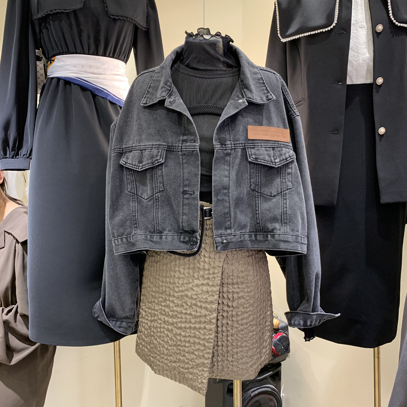 South Korea East Gate 2022 New Pure Color Temperament Spring Autumn Black Wash Water Design Long Sleeves Women Denim Shorts Jacket