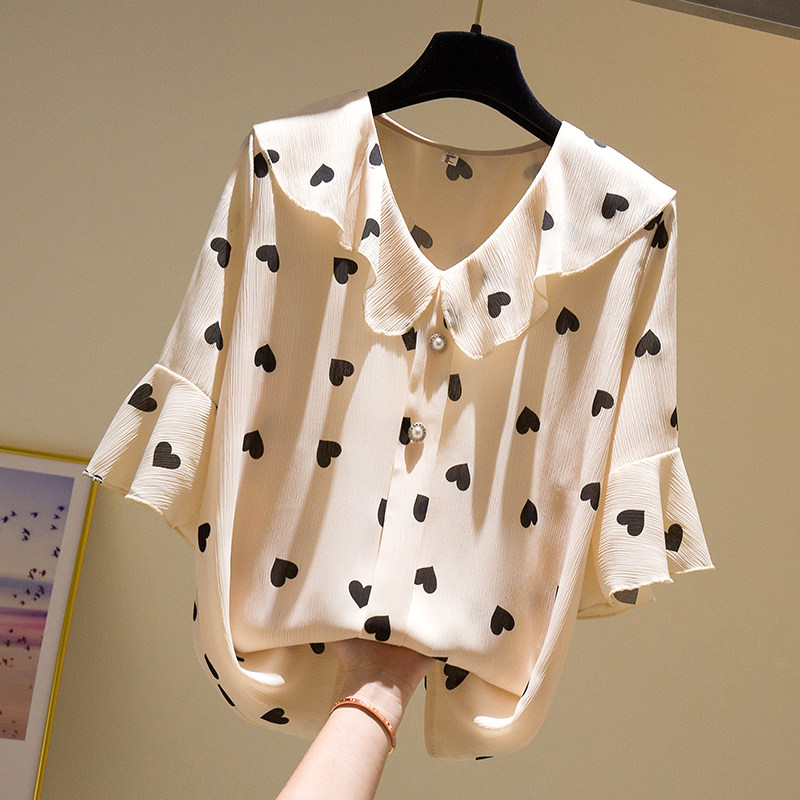 South Korea summer new super fairy blouse light cooked fashion doll collar Polka dot short-sleeved printed shirt women's Western school loose