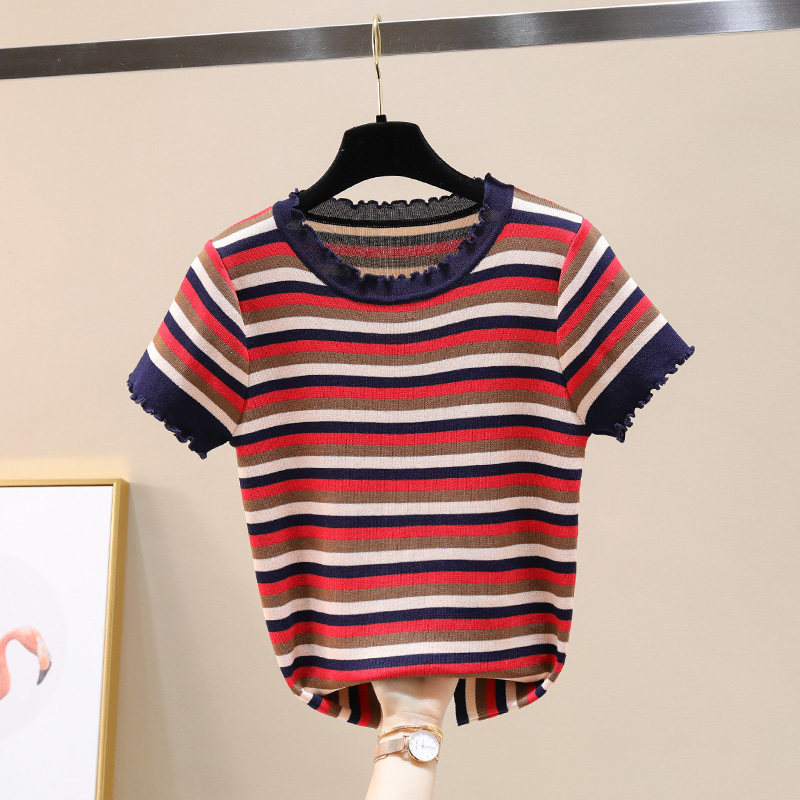 South Korea's 2020 summer new striped knitted T-shirt women's short self-cultivation Western style girl fungus edge short-sleeved top trendy