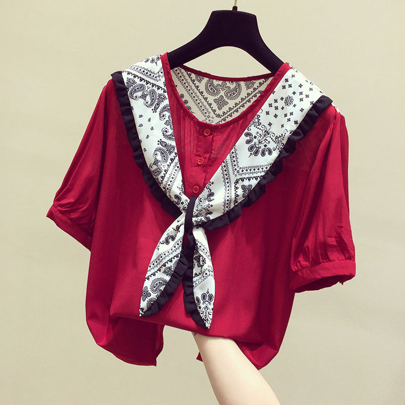 South Korea 2021 new spring and summer red snow-spinning jersey woman short sleeve fashion foreign pie shawl small shirt loose 100 lap blouse