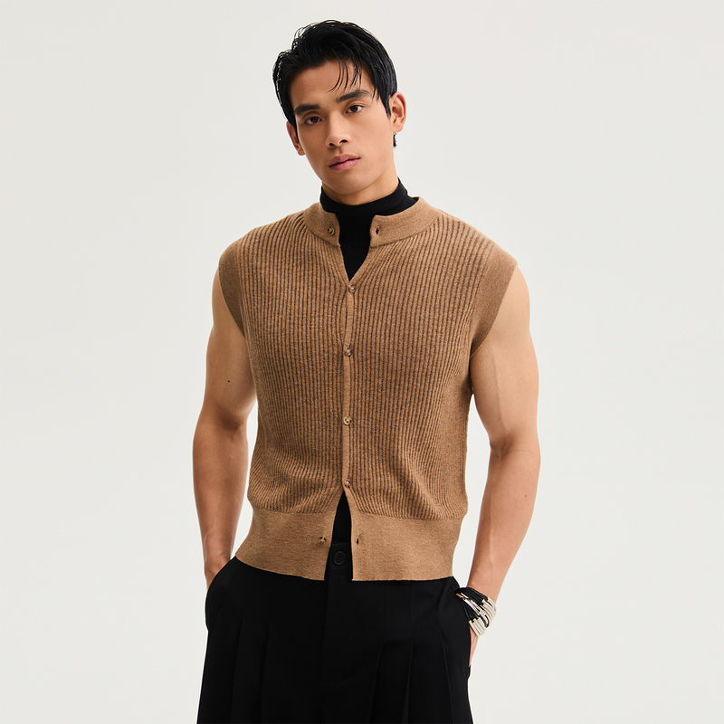 Southstudio Knitted Vest Camel Brown 26 Summer Unisex Cardigan Two-Tone Woven Short Sleeve