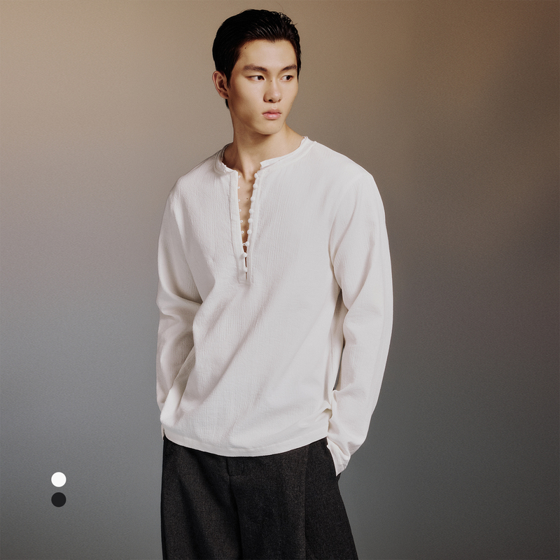 Lumen South Studio Unisex Shirt with Dark Textured Edges, Round Neck, Half-Button Placket, Cloud Button Top Lumen South Studio Unisex Shirt with Dark Textured Edges, Round Neck, Half-Button Placket, Cloud Button Top