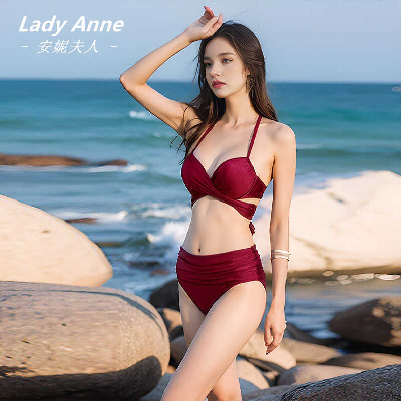 High-End Bikini, Halter Neck Bikini Swimsuit, Sexy High-Waisted Three-Point Style, Small Bust Push-Up Swimwear, New Style High-End Bikini, Halter Neck Bikini Swimsuit, Sexy High-Waisted Three-Point Style, Small Bust Push-Up Swimwear, New Style