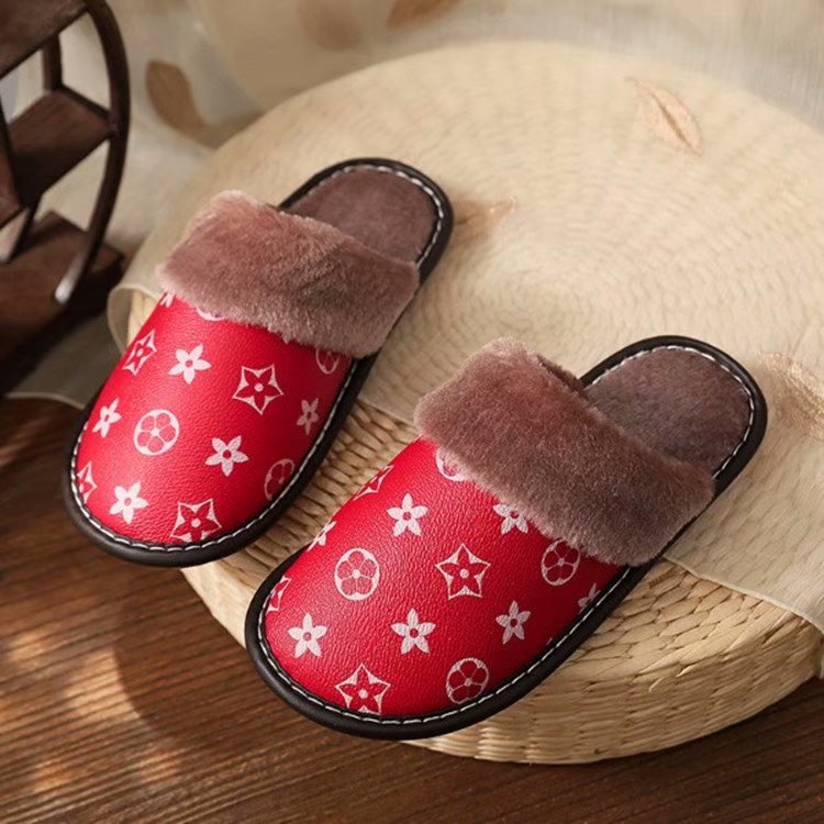 Winter home Nordic style couple leather slippers bedroom household non-slip cotton slippers men and women warm home floor