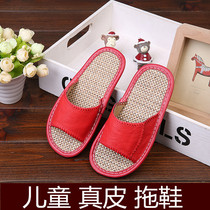 Childrens genuine leather slippers Summer home Beef Tendon Bottom Interior Linen Slippers Non-slip Deodorant Cool Slippers