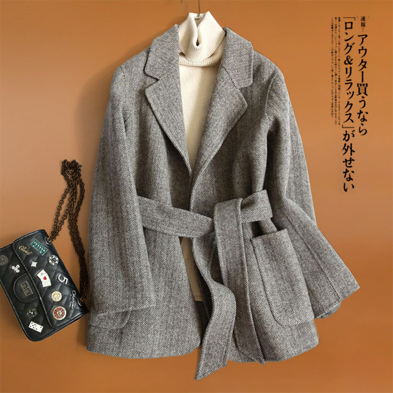 Cabinet at least 5K woolen suit jacket small short waist herringbone pattern double-sided cashmere coat women