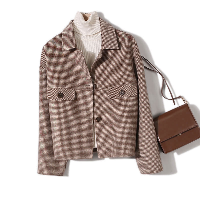 Simple penny-grade British wind wool small plaid suit Short wool double-sided coat Plaid coat woman