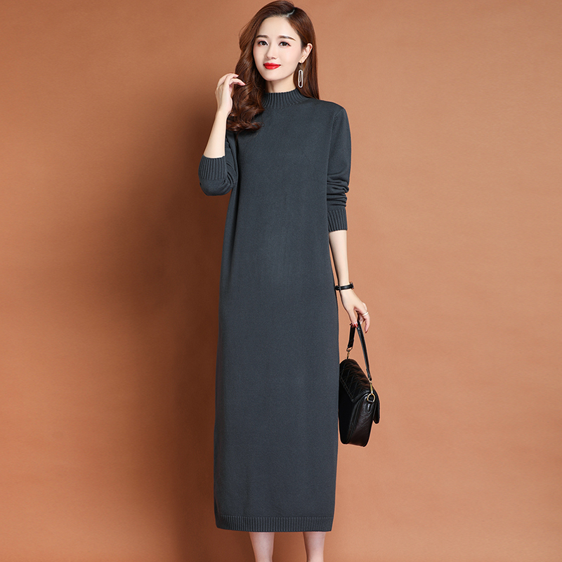 Hengyuanxiang Autumn and Winter Half-Turtleneck Wool Sweater Dress with Slit, Women's Extra-Long Loose Cashmere Sweater Dress, Base Dress Hengyuanxiang Autumn and Winter Half-Turtleneck Wool Sweater Dress with Slit, Women's Extra-Long Loose Cashmere Sweater Dress, Base Dress
