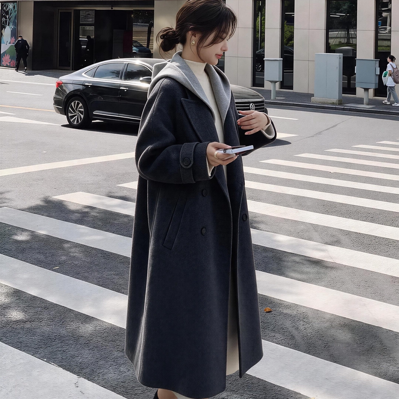 Smoke Gray Double-Sided Woolen Coat for Women, Mid-Length, 2026 Autumn and Winter New Korean Style High-End Woolen Coat for Women Smoke Gray Double-Sided Woolen Coat for Women, Mid-Length, 2026 Autumn and Winter New Korean Style High-End Woolen Coat for Women