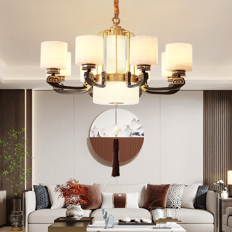 Jade chandelier New Chinese copper living room lamp atmospheric Chinese wind dining room luxury villa hall duplex building lamps