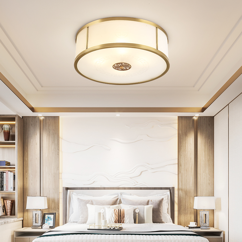 Total copper New Chinese bedroom lamp creative cozy minimalist modern round book room main room suction light pure copper lamp