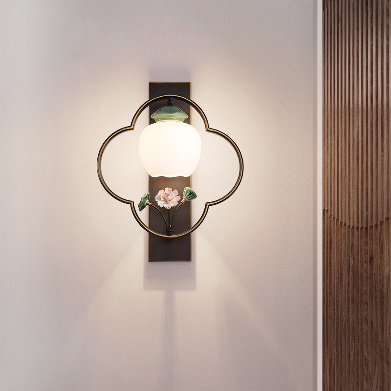 Zen Meaning New Chinese Total Copper Wall Lamp Living Room TV Background Wall Aisle Bed Head Lamp Modern Lotus Leaf Creative Wall Lamp