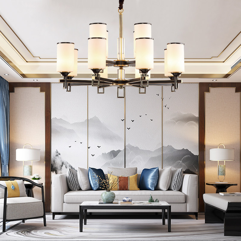 Modern Chinese all-copper pendant lamp New Chinese living room lamp light and luxurious crystal minimalist atmosphere home dining room pure copper lamp