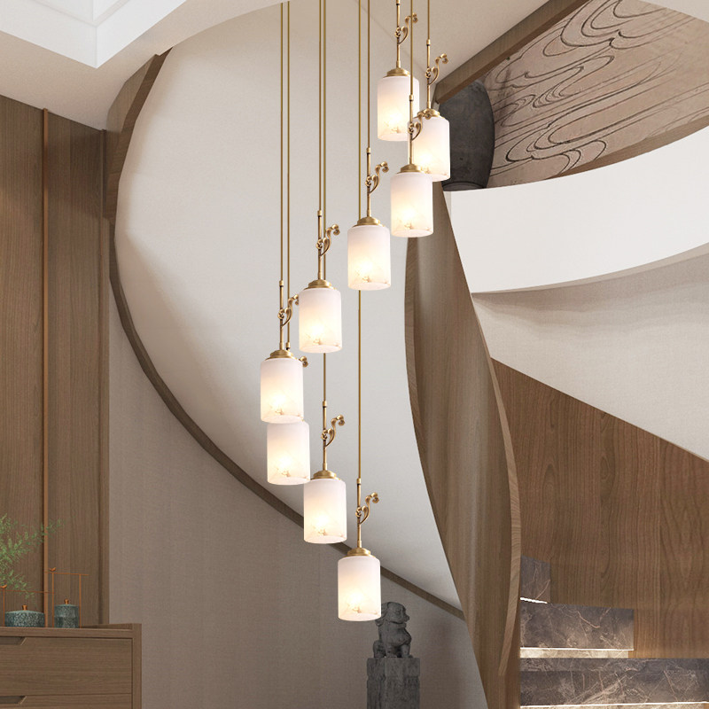New Chinese style stairway Long hanging lamp duplex building in the middle floor Cloud stone full copper hanging lamp China Wind hotel rotating Stairs light